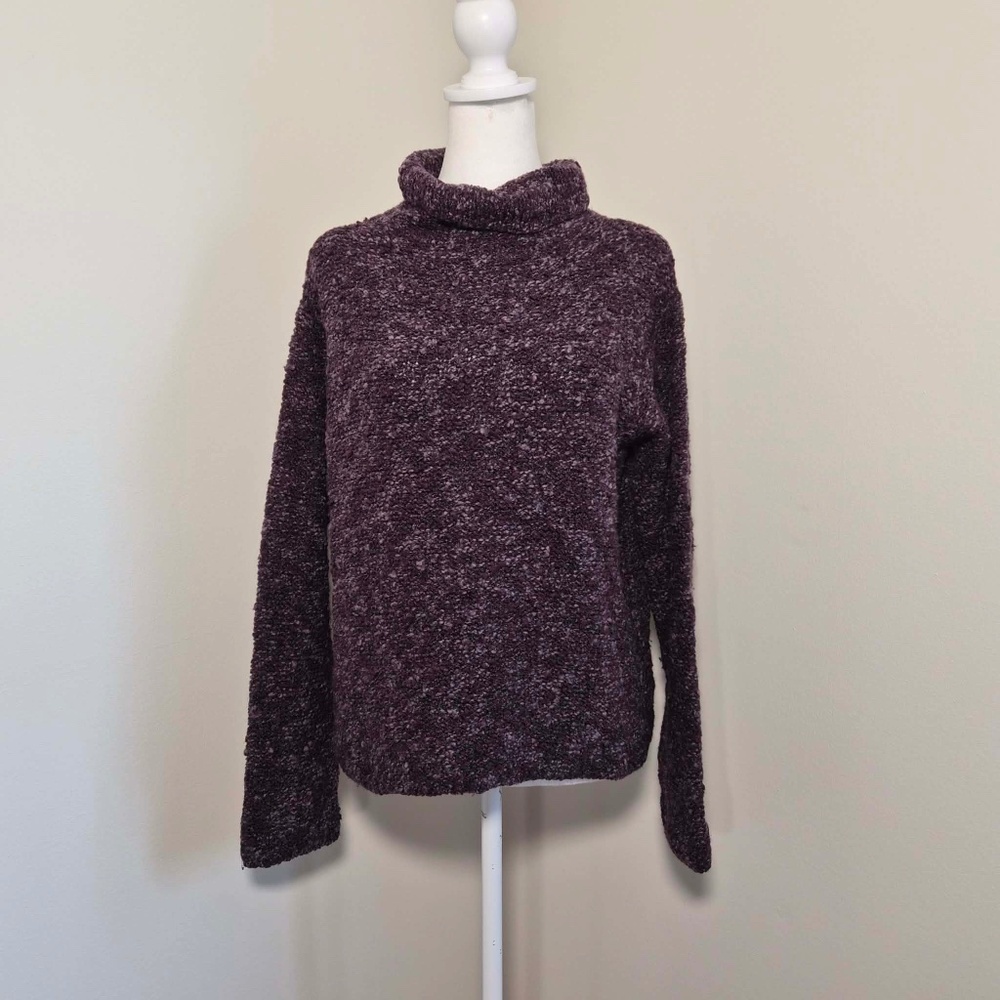 Eileen Fisher VTG Violet Chunky Knit Merino Wool Minimalist Cowl Neck Sweater PL